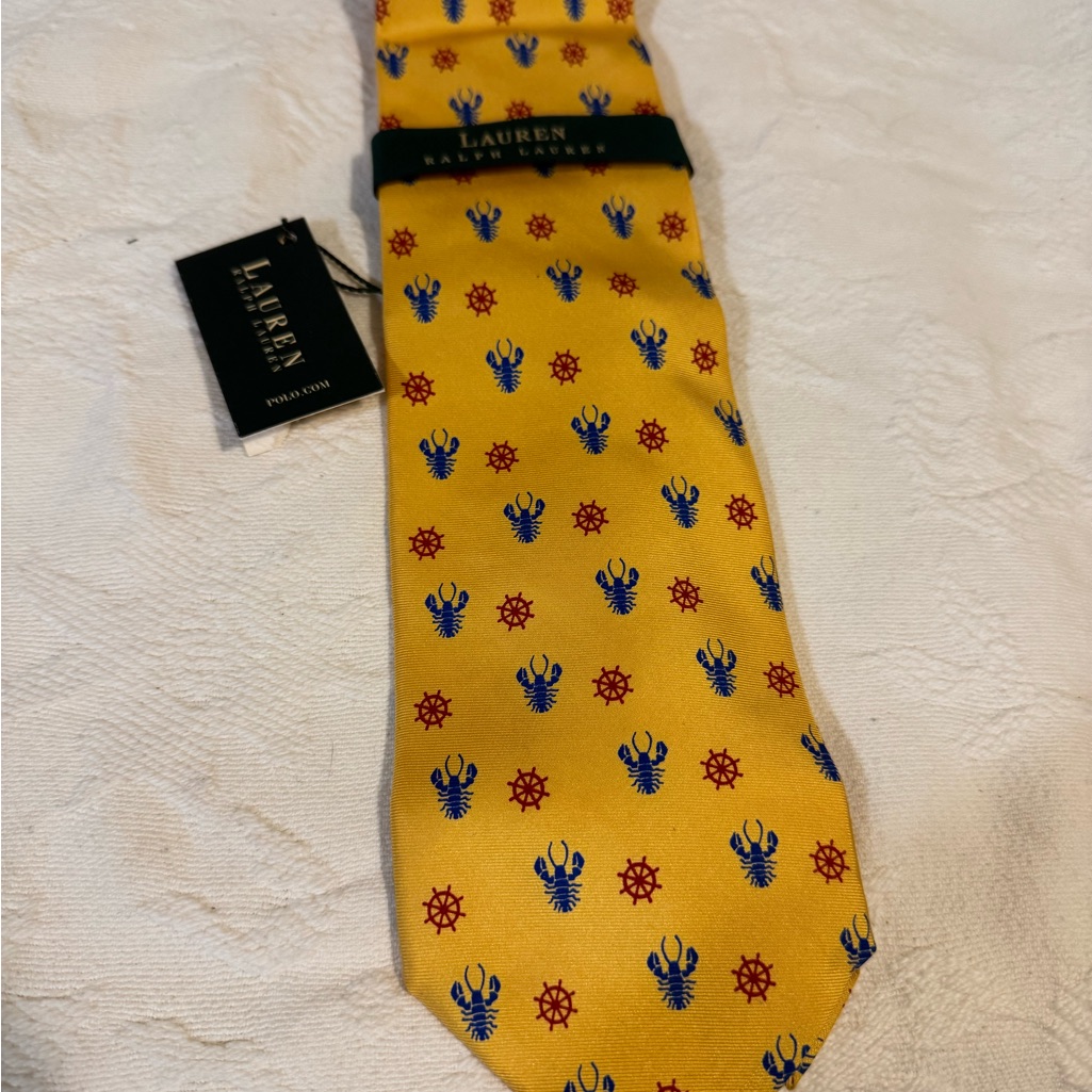 Lauren Ralph Lauren Yellow Tie With Blue Lobster And Nautical Design Silk Usa Lauren Ralph Lauren Yellow Tie With Blue Lobster And Nautical Design Silk Usa